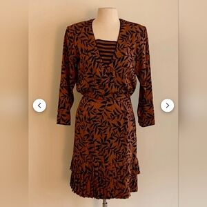 Brown Long Sleeve Wrap Dress with V-Neck
